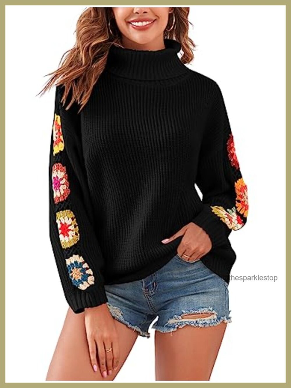 Turtleneck Puff Sleeve Pullover Sweater Loose Fit Floral Knit Top